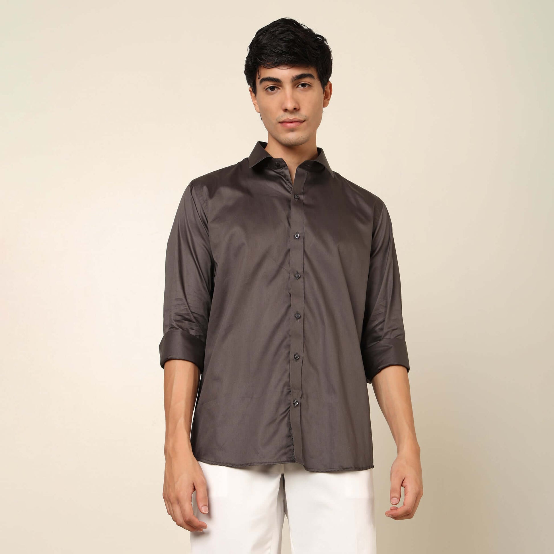 Comfy & Casual Grey Cotton Satin Shirt. Regular Fit, Long Sleeves. Perfect Pool Party, Brunches, After Party, Date Night & Travel Shirt. Brand- Crease India