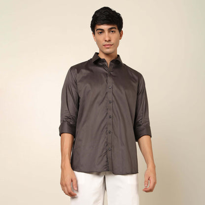 Comfy & Casual Grey Cotton Satin Shirt. Regular Fit, Long Sleeves. Perfect Pool Party, Brunches, After Party, Date Night & Travel Shirt. Brand- Crease India