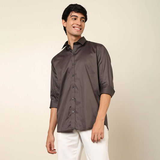 Comfy & Casual Grey Cotton Satin Shirt. Regular Fit, Long Sleeves. Perfect Pool Party, Brunches, After Party, Date Night & Travel Shirt. Brand- Crease India