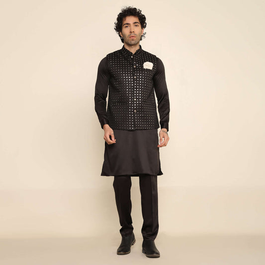 Black Sequence Chikan Embroidered Kurta Koti Set for Men