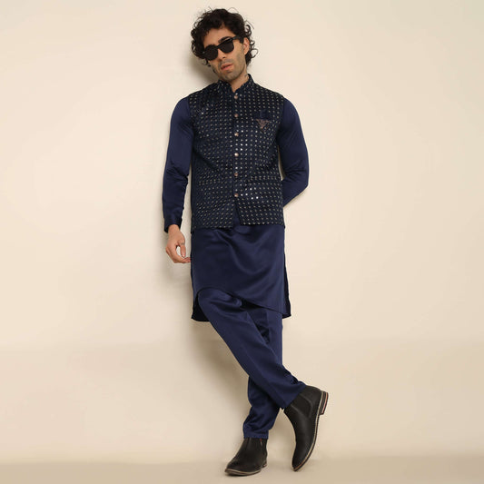 Blue Sequence Chikan Embroidered Kurta Koti Set for Men