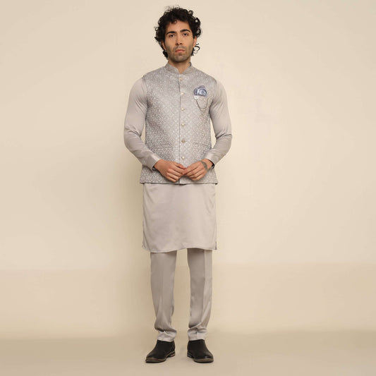 Silver Circular Embroidered Sequins Kurta Koti Set for Men