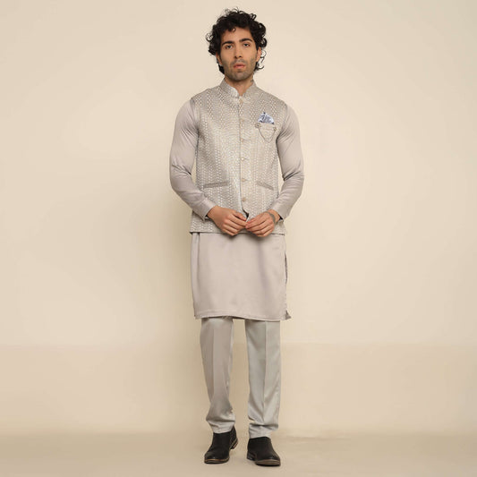 Silver Sequence Geo Embroidered Kurta Koti Set for Men