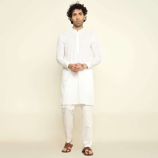 NAQSH White Chikankari Kurta for Men which has chikankari embroidery. Perfect mens white wedding kurta for male by Crease India.