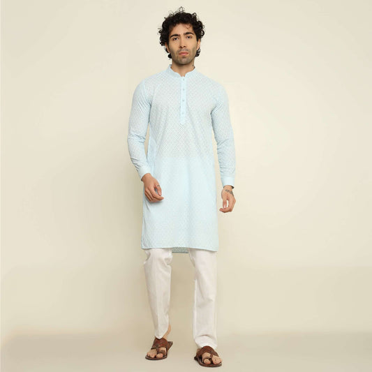 NAQSH Sky Blue Chikankari Kurta for Men which has chikankari embroidery. Perfect mens sky blue wedding kurta for male by Crease India.