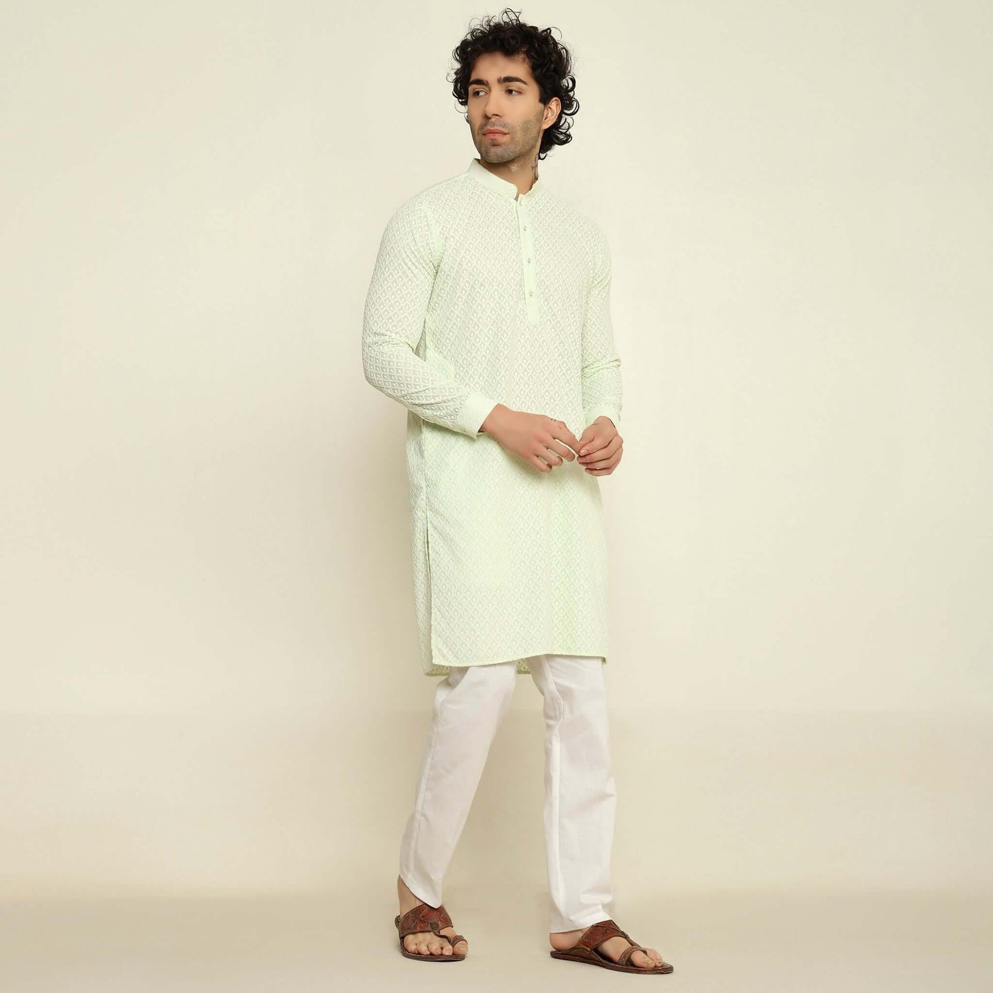 NAQSH Mint Green Chikankari Kurta for Men which has chikankari embroidery. Perfect mens mint green wedding kurta for male by Crease India.