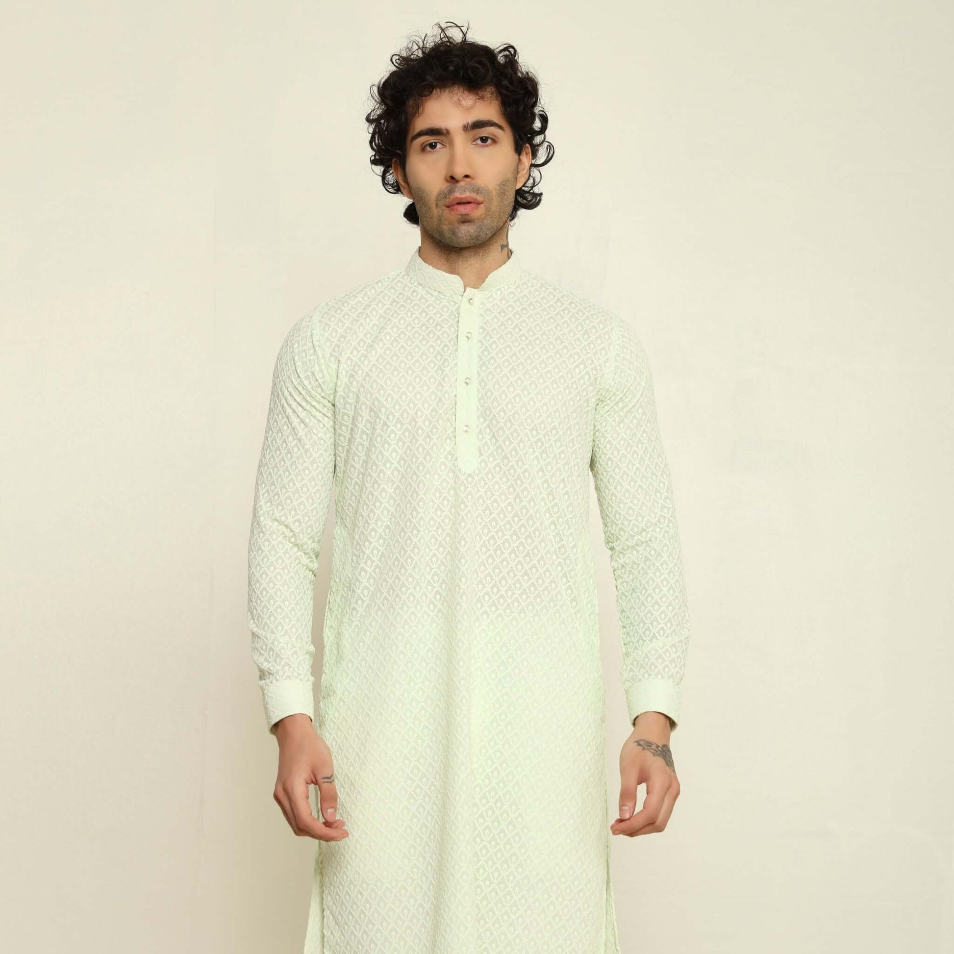 NAQSH Mint Green Chikankari Kurta for Men which has chikankari embroidery. Perfect mens mint green wedding kurta for male by Crease India.