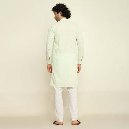 NAQSH Mint Green Chikankari Kurta for Men which has chikankari embroidery. Perfect mens mint green wedding kurta for male by Crease India.