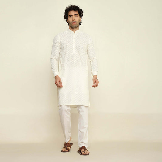 NAQSH Cream Chikankari Kurta for Men which has chikankari embroidery. Perfect mens cream wedding kurta for male by Crease India.