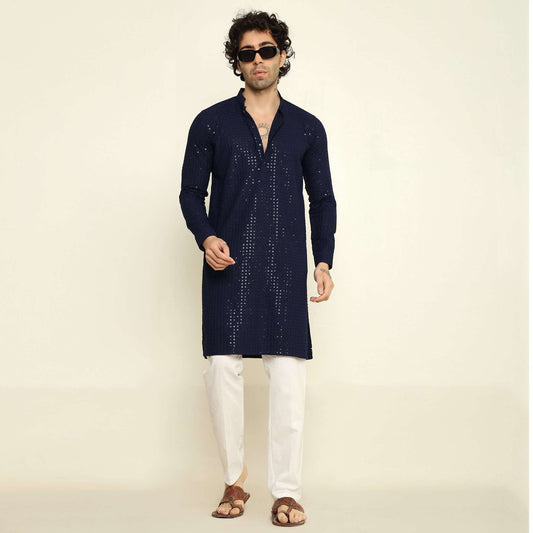 NAQSH Blue Sequin Embellished Chikankari Kurta for Men which has chikankari and sequins embellishments. Perfect mens blue wedding kurta for male by Crease India.