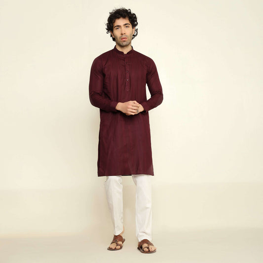 NAQSH Wine Jacquard Cotton Kurta Set for Men which has jacquard design. Perfect mens wine wedding kurta for male by Crease India.