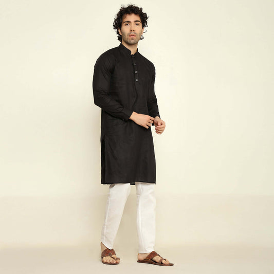 NAQSH Black Jacquard Cotton Kurta Set for Men which has jacquard design. Perfect mens black wedding kurta for male by Crease India.