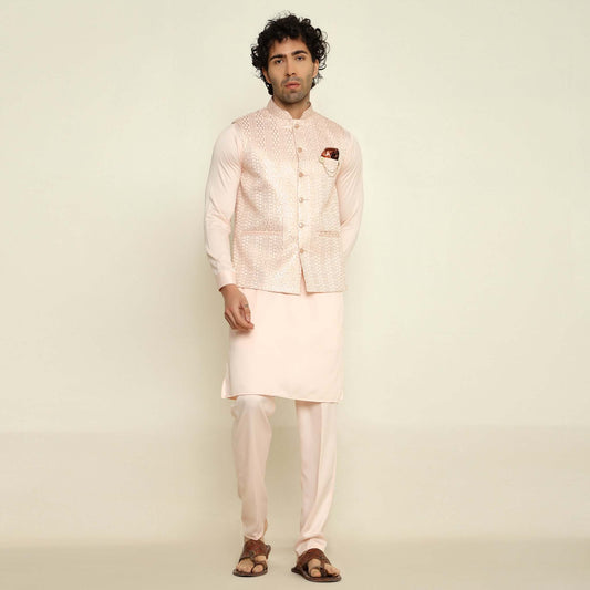 Pink Sequence Embroidered Kurta Koti Set for Men