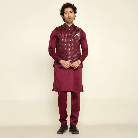 Wine Sequence Chikan Embroidered Kurta Koti Set for Men