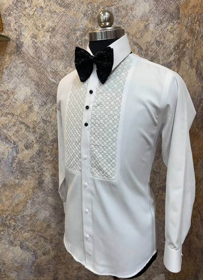 Chikankari Designer White Tuxedo Shirt for Men which is made up of cotton and has chikankari work at the front. Perfect designer formal wear white shirt for weddings and black tie events by Crease India.