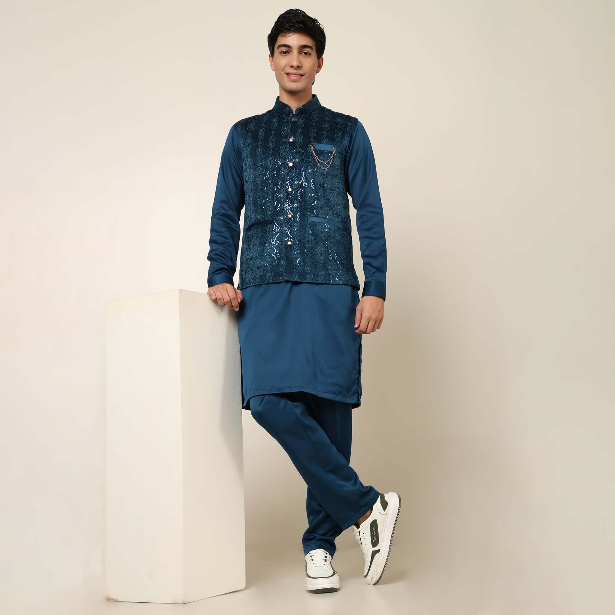 Nehru jacket on blue kurta best sale