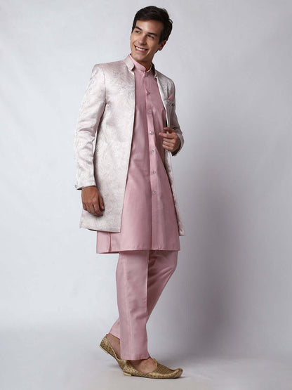 Baby Pink Indo Western Dress for men which is made up of cotton silk with jacquard design, perfect for Indian weddings. Shop this mens indo western dress from Crease India website.