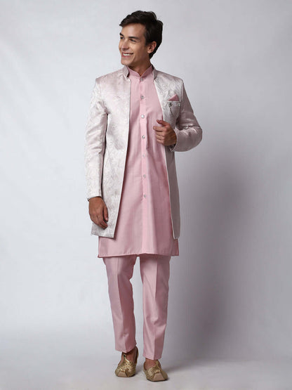 Baby Pink Indo Western Dress for men which is made up of cotton silk with jacquard design, perfect for Indian weddings. Shop this mens indo western dress from Crease India website.