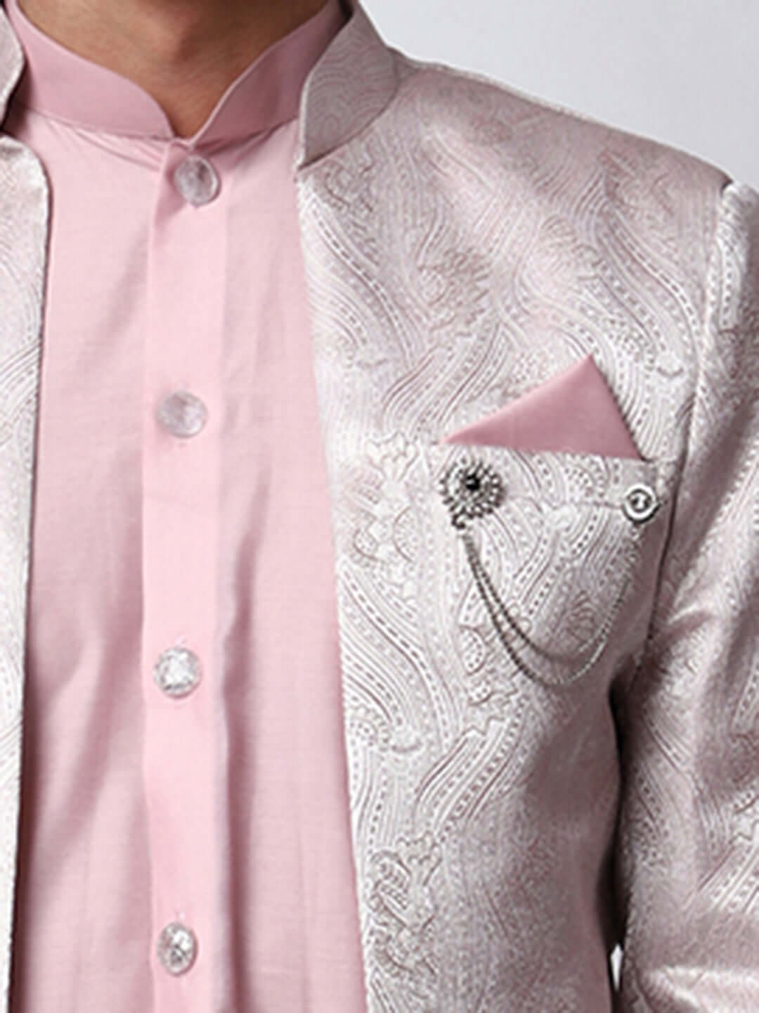 Baby Pink Indo Western Dress for men which is made up of cotton silk with jacquard design, perfect for Indian weddings. Shop this mens indo western dress from Crease India website.