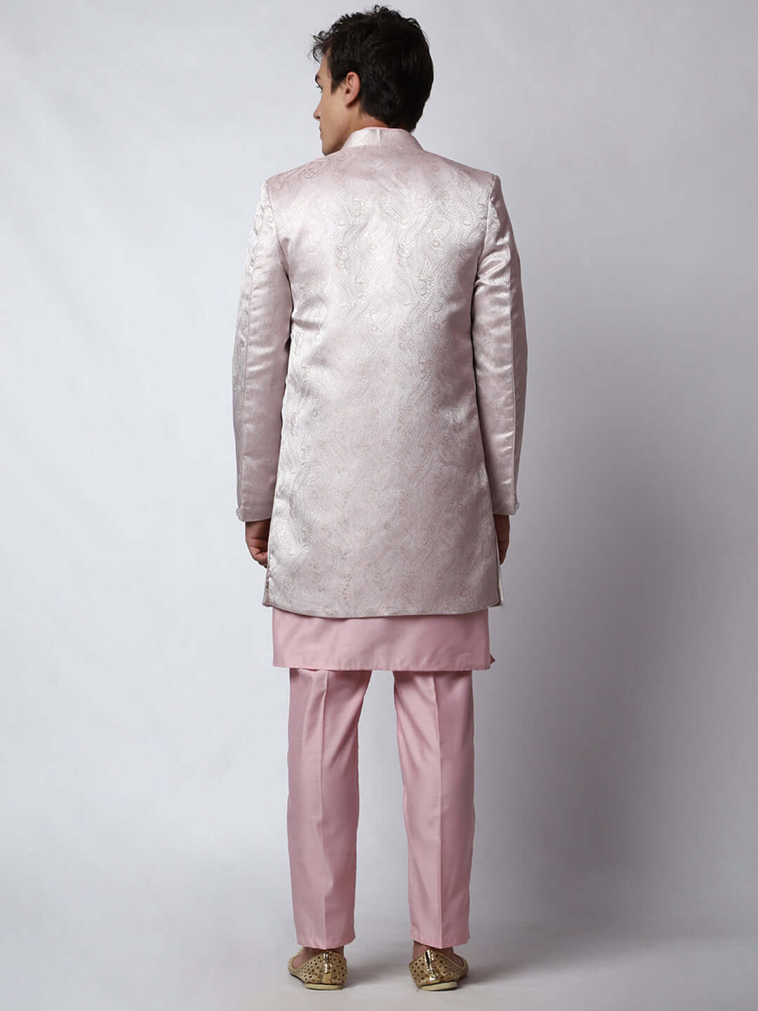 Baby Pink Indo Western Dress for men which is made up of cotton silk with jacquard design, perfect for Indian weddings. Shop this mens indo western dress from Crease India website.