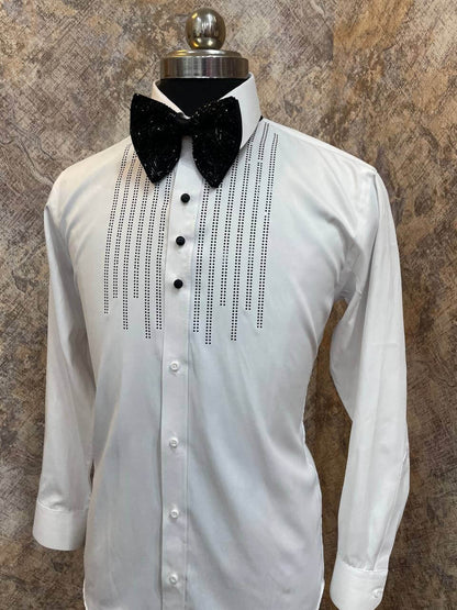 Black Crystal Tuxedo Shirt for Men, perfect for weddings. galas, prom nights, black tie events, and other formal events. Shop this designer white tuxedo shirt for men on Crease India Website.