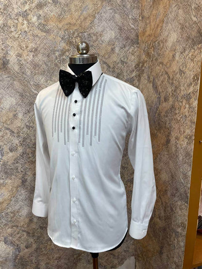 Black Crystal Tuxedo Shirt for Men, perfect for weddings. galas, prom nights, black tie events, and other formal events. Shop this designer white tuxedo shirt for men on Crease India Website.