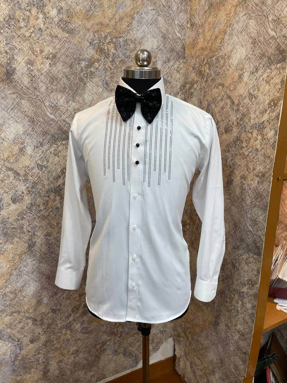 Black Crystal Tuxedo Shirt for Men, perfect for weddings. galas, prom nights, black tie events, and other formal events. Shop this designer white tuxedo shirt for men on Crease India Website.