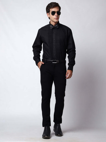 Black Pintex Tuxedo Shirt for Men, perfect for weddings. galas, prom nights, black tie events, and other formal events. Shop this designer black tuxedo shirt for men on Crease India Website.