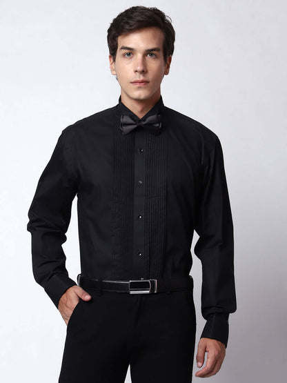 Black Pintex Tuxedo Shirt for Men, perfect for weddings. galas, prom nights, black tie events, and other formal events. Shop this designer black tuxedo shirt for men on Crease India Website.