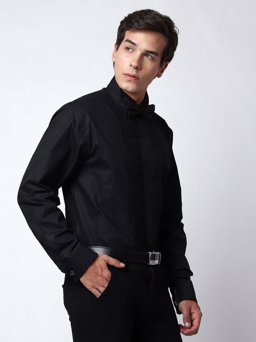 Black Pintex Tuxedo Shirt for Men, perfect for weddings. galas, prom nights, black tie events, and other formal events. Shop this designer black tuxedo shirt for men on Crease India Website.