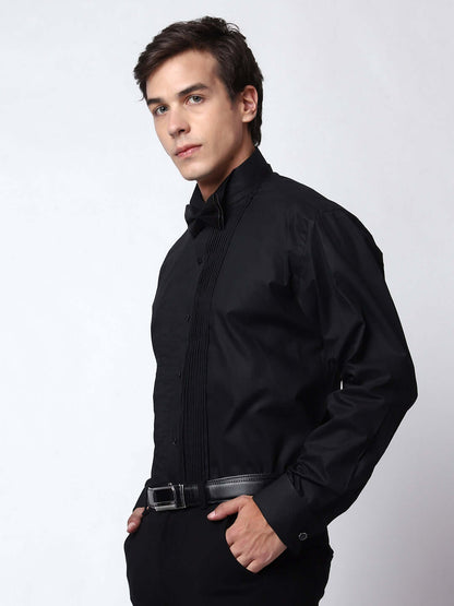 Black Pintex Tuxedo Shirt for Men, perfect for weddings. galas, prom nights, black tie events, and other formal events. Shop this designer black tuxedo shirt for men on Crease India Website.