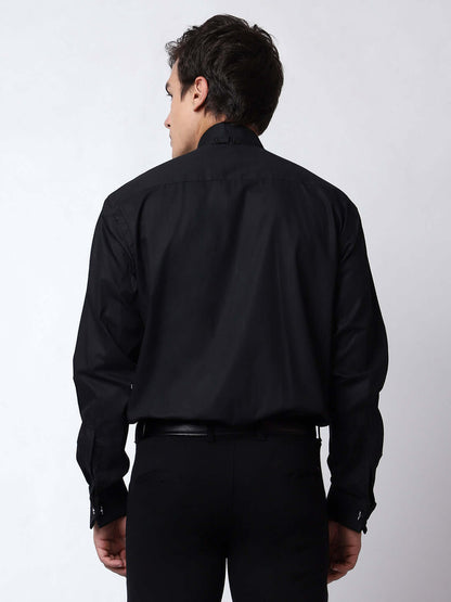 Black Pintex Tuxedo Shirt for Men, perfect for weddings. galas, prom nights, black tie events, and other formal events. Shop this designer black tuxedo shirt for men on Crease India Website.