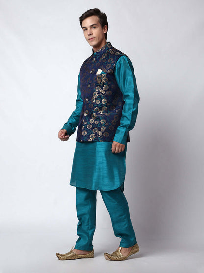 Turquoise Blue kurta jacket set for men available online in India. An elegant men's ethnic wear kurta jacket set with intricate golden floral embroidery. The sophisticated midnight blue jacket boasts a mandarin collar and complements the turquoise blue kurta and pants, crafted from smooth dupion silk. This designer kurta jacket set for men is ideal for weddings, Diwali, Eid, Navratri, & more festivals. Shop this designer kurta set for men on Crease India Website.