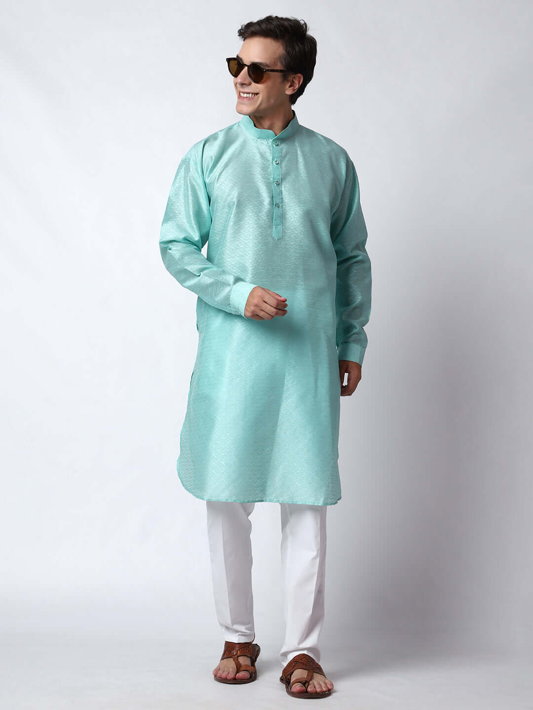 Blue Silk Kurta for Men, perfect for Indian wedding functions, festivals, casual outings, office ethnic day wear, and other occasions. Shop this jacquard silk kurta for male on Crease India Website.