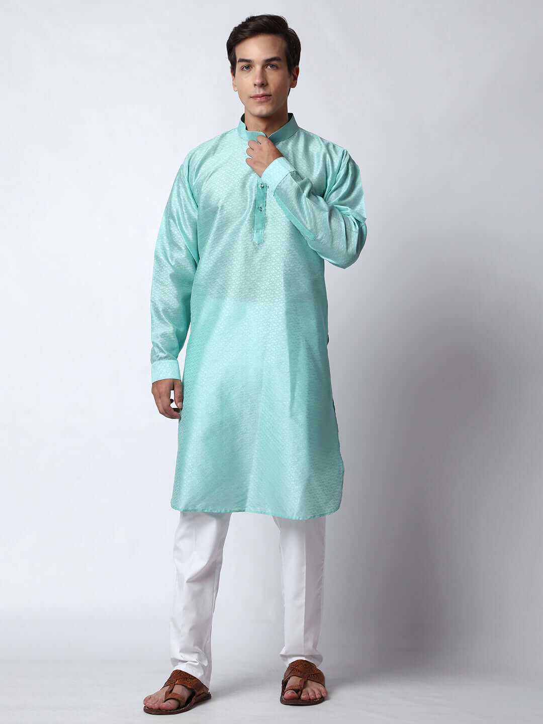 Blue Silk Kurta for Men, perfect for Indian wedding functions, festivals, casual outings, office ethnic day wear, and other occasions. Shop this jacquard silk kurta for male on Crease India Website.