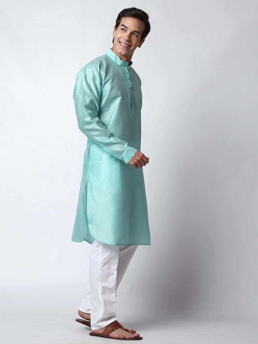 Blue Silk Kurta for Men, perfect for Indian wedding functions, festivals, casual outings, office ethnic day wear, and other occasions. Shop this jacquard silk kurta for male on Crease India Website.