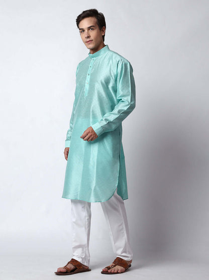 Blue Silk Kurta for Men, perfect for Indian wedding functions, festivals, casual outings, office ethnic day wear, and other occasions. Shop this jacquard silk kurta for male on Crease India Website.