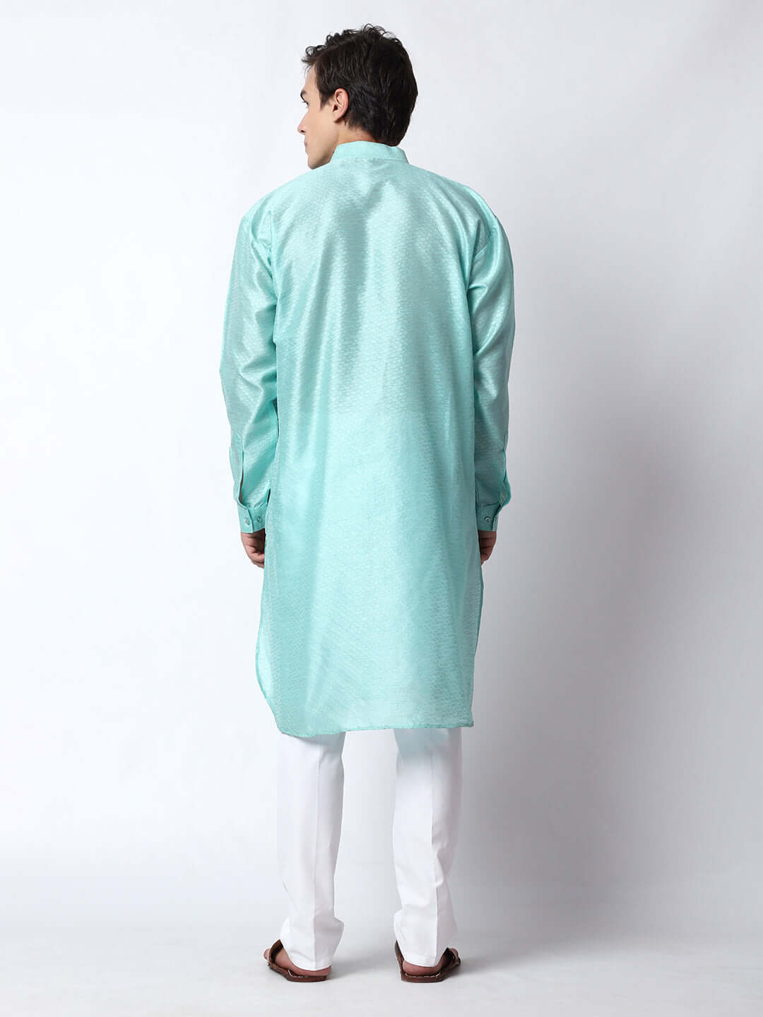 Blue Silk Kurta for Men, perfect for Indian wedding functions, festivals, casual outings, office ethnic day wear, and other occasions. Shop this jacquard silk kurta for male on Crease India Website.