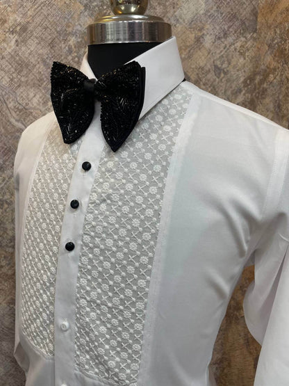 Chikankari Tuxedo Shirt for Men, perfect for weddings. galas, prom nights, black tie events, and other formal events. Shop this designer white tuxedo shirt for men on Crease India Website.