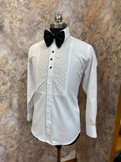 Chikankari Tuxedo Shirt for Men, perfect for weddings. galas, prom nights, black tie events, and other formal events. Shop this designer white tuxedo shirt for men on Crease India Website.