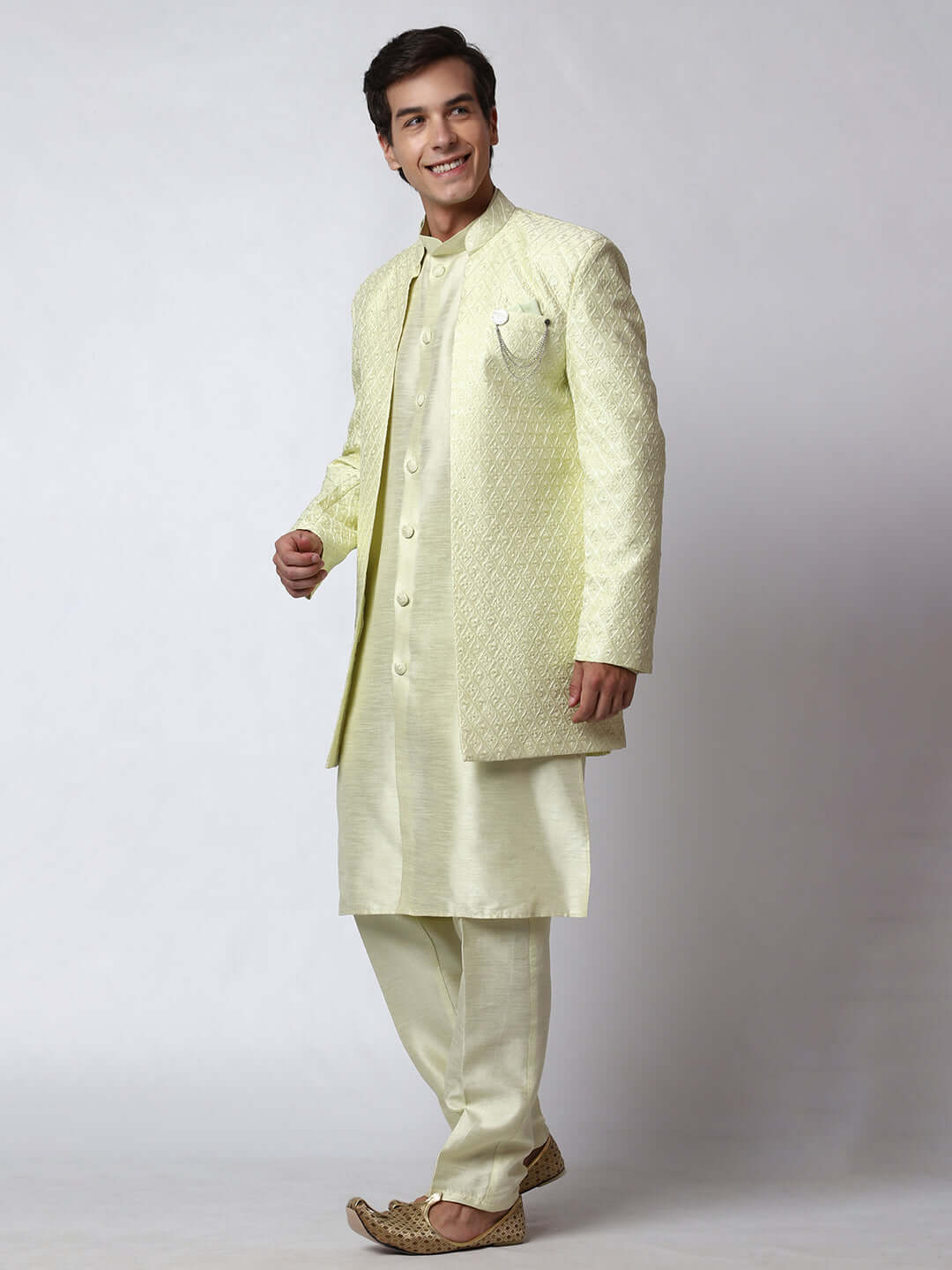 Citron Indo Western Dress for men which is made up of dupion silk with heavy embroidery, perfect for Indian weddings. Shop this mens indo western dress from Crease India website.