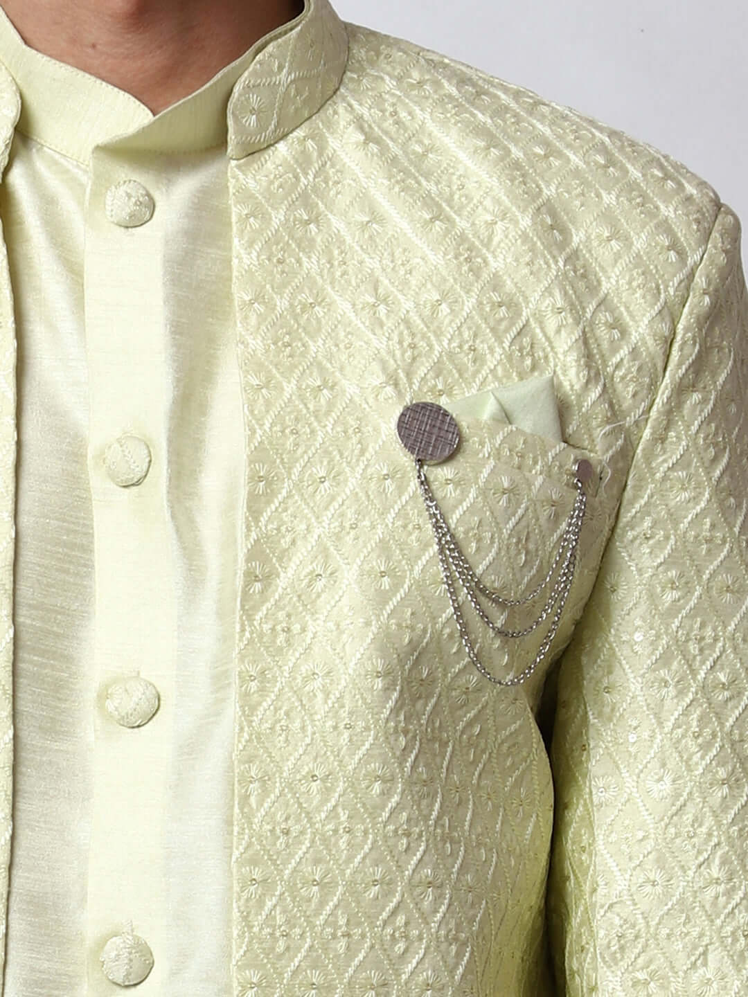 Citron Indo Western Dress for men which is made up of dupion silk with heavy embroidery, perfect for Indian weddings. Shop this mens indo western dress from Crease India website.