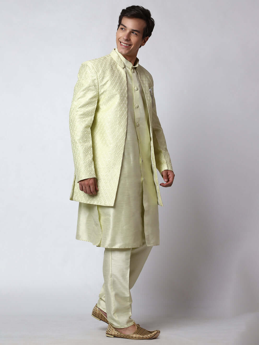 Citron Indo Western Dress for men which is made up of dupion silk with heavy embroidery, perfect for Indian weddings. Shop this mens indo western dress from Crease India website.