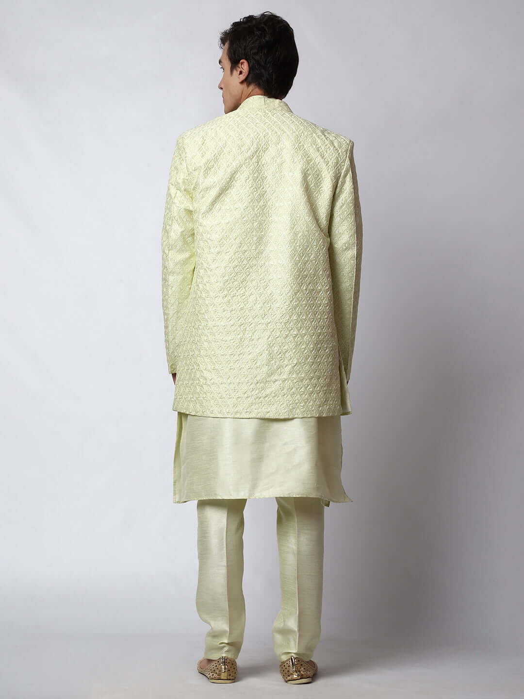 Citron Indo Western Dress for men which is made up of dupion silk with heavy embroidery, perfect for Indian weddings. Shop this mens indo western dress from Crease India website.