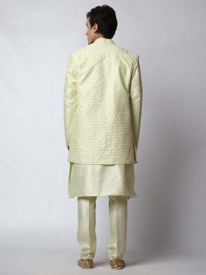 Citron Indo Western Dress for men which is made up of dupion silk with heavy embroidery, perfect for Indian weddings. Shop this mens indo western dress from Crease India website.