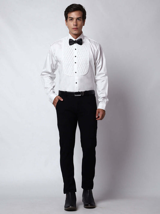 White Pleated Tuxedo Shirt for Men, perfect for weddings. galas, prom nights, black tie events, and other formal events. Shop this designer white tuxedo shirt for men on Crease India Website.