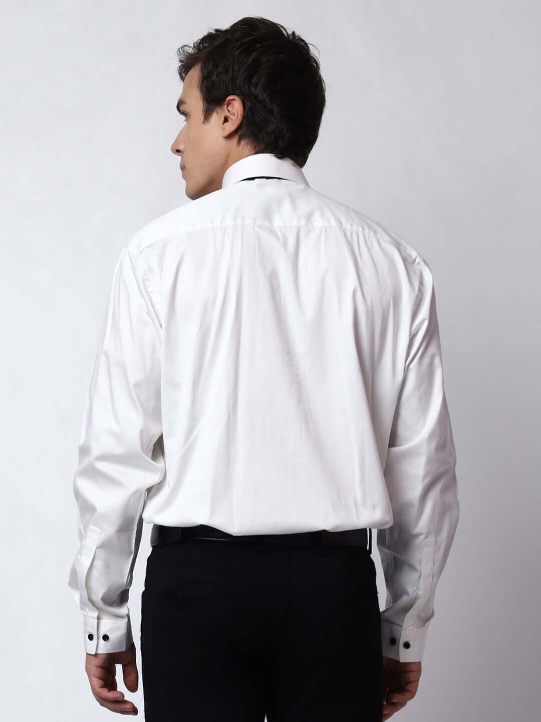 White Pleated Tuxedo Shirt for Men, perfect for weddings. galas, prom nights, black tie events, and other formal events. Shop this designer white tuxedo shirt for men on Crease India Website.