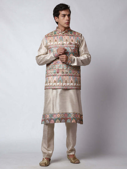 Zari Fawn Kurta Pant with Jacket for men available online in India. A sophisticated men's ethnic wear ensemble featuring a fawn dupion silk kurta jacket set. The jacket & kurta has prints and net zari embroidery detailing. This designer kurta jacket set for men is ideal for weddings, Diwali, Eid, Navratri, & more festivals. Shop this designer kurta set for men on Crease India Website.