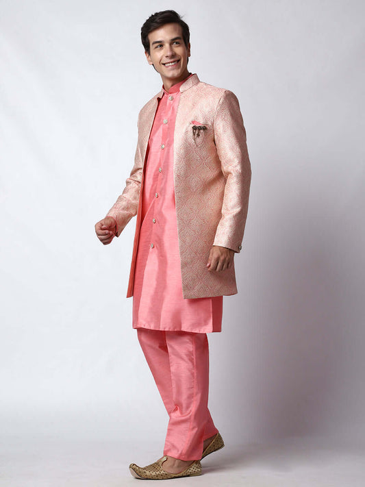 Fuchsia Pink Indo Western Dress for men which is made up of jacquard silk perfect for Indian weddings. Shop this mens indo western dress from Crease India website.