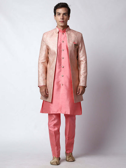 Fuchsia Pink Indo Western Dress for men which is made up of jacquard silk perfect for Indian weddings. Shop this mens indo western dress from Crease India website.